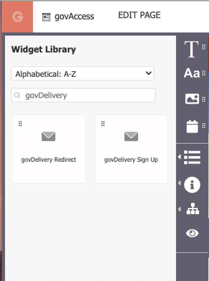 Searching for 'govDelivery' in the widgets library, which brings up the govDelivery Redirect widget and the govDelivery Sign Up widget