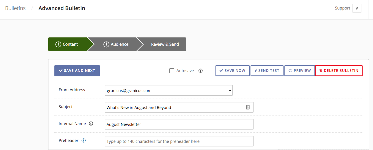 Creating a bulletin with an internal name of 'August Newsletter'