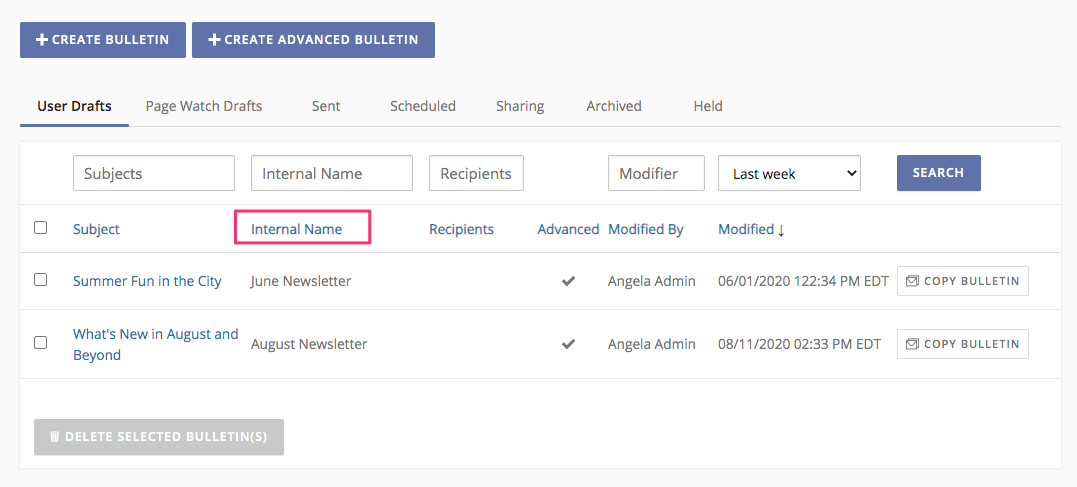 The Bulletin Drafts page, with a highlight around the Internal Name field