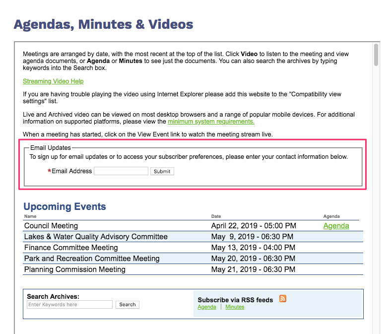 Subscriber box on a city's Agendas and Minutes page