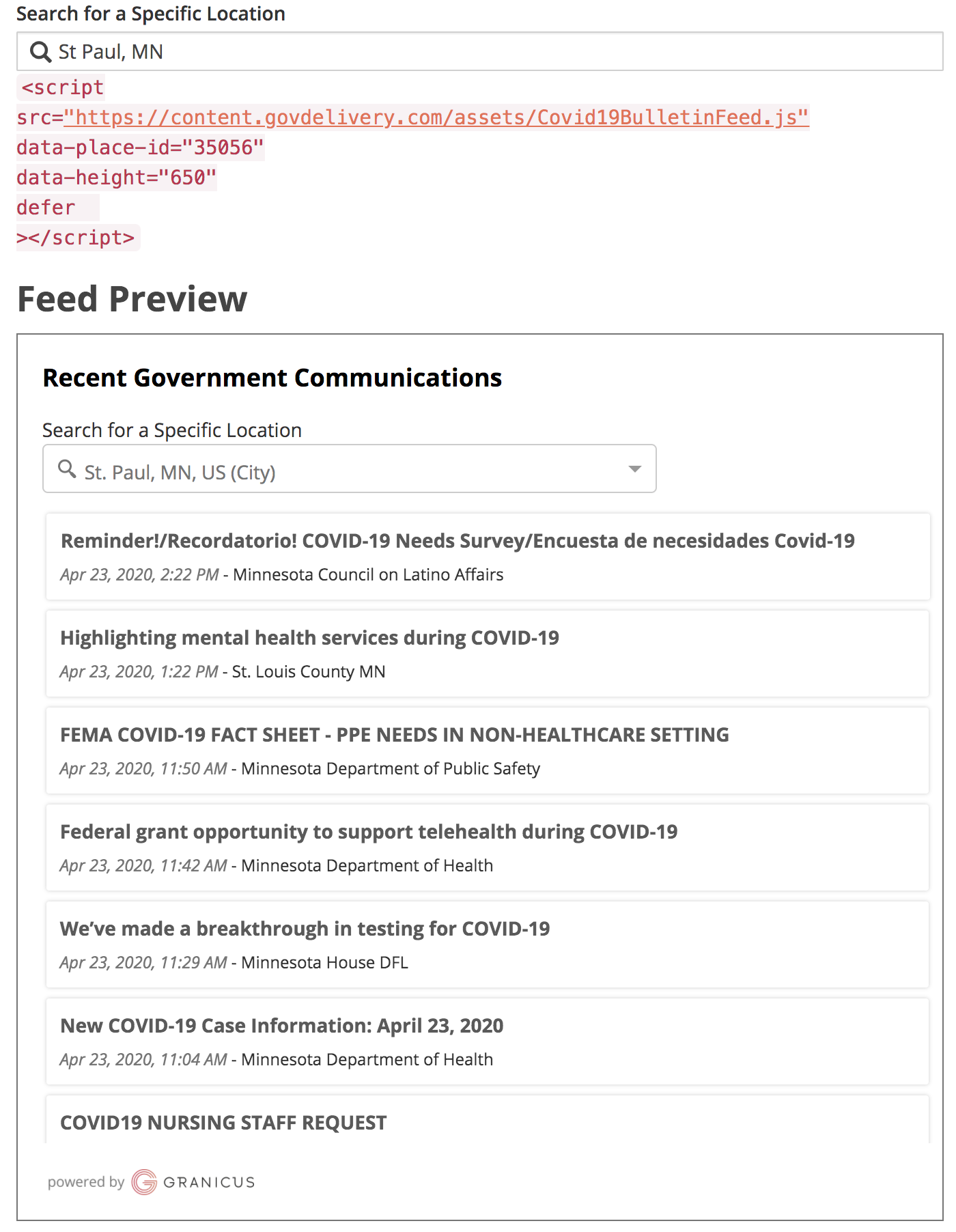 A preview of the govNews Feed for St Paul, MN, featuring communications from the city, county, and state level