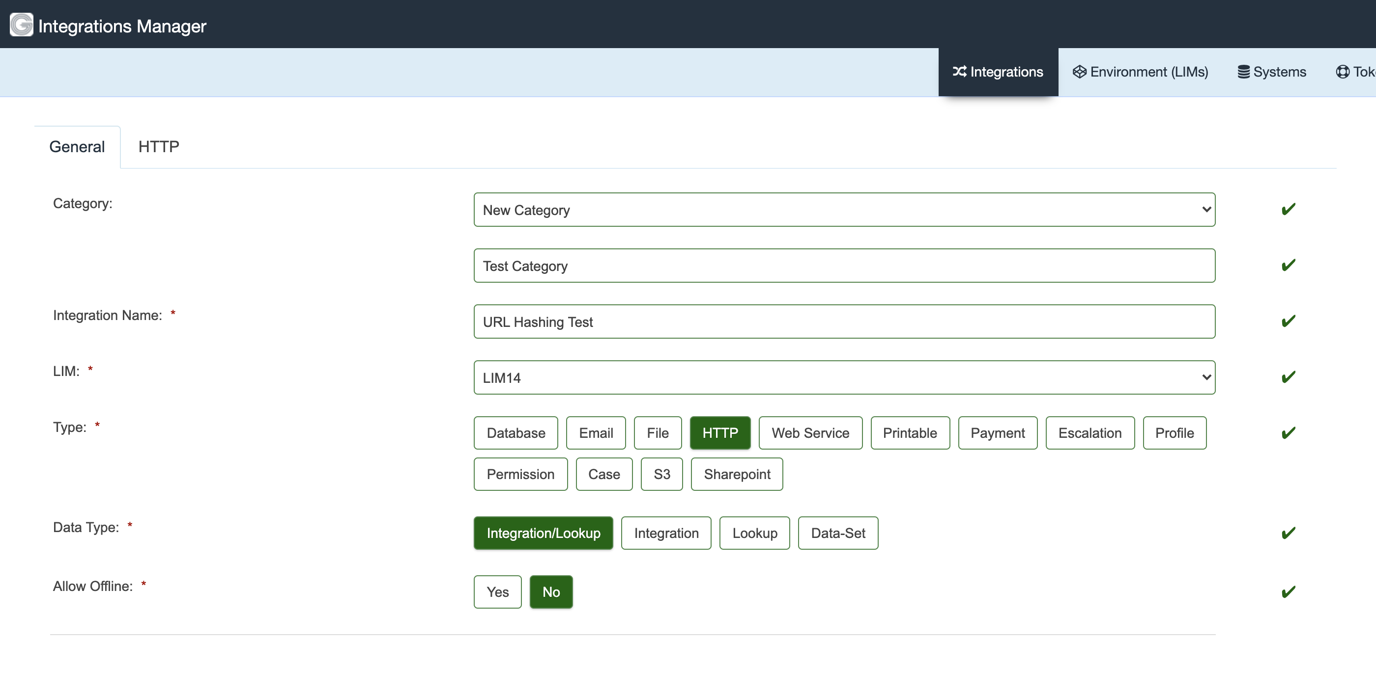 Creating a new test integration of type 'HTTP'