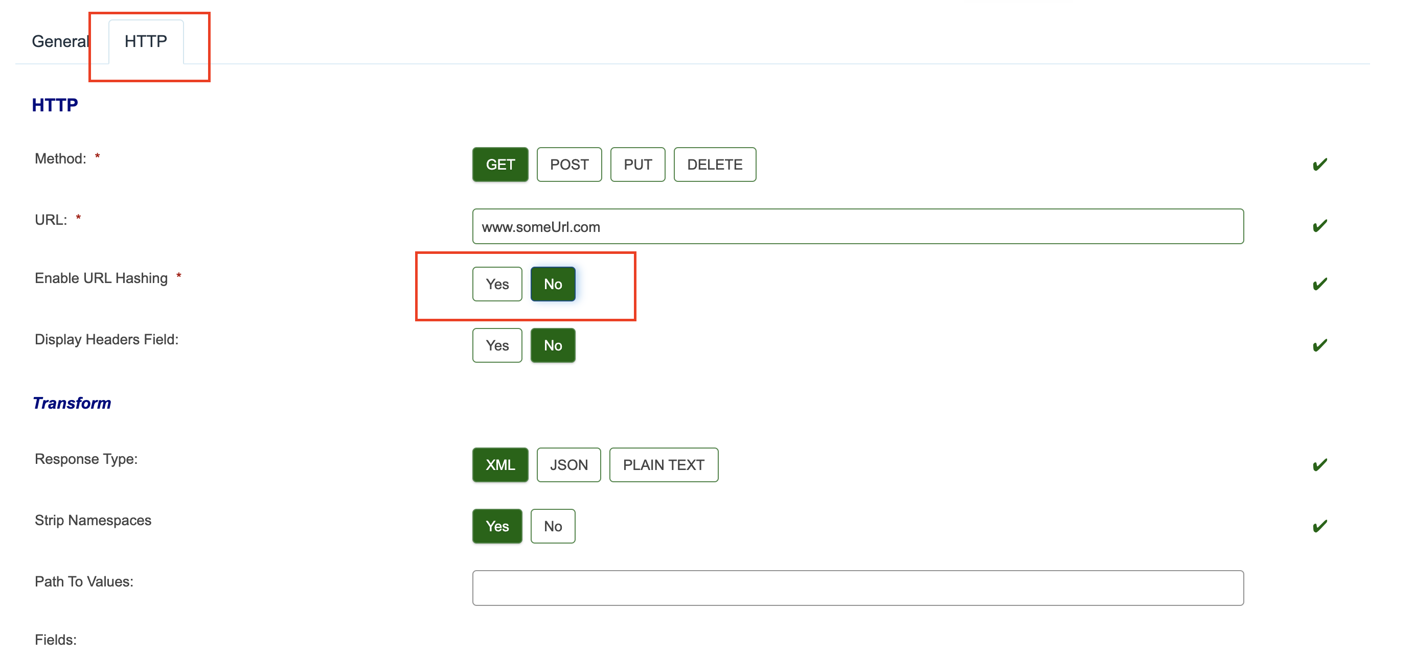 The HTTP tab, with a highlight around the tab and the 'Enable URL Hashing' yes/no button options