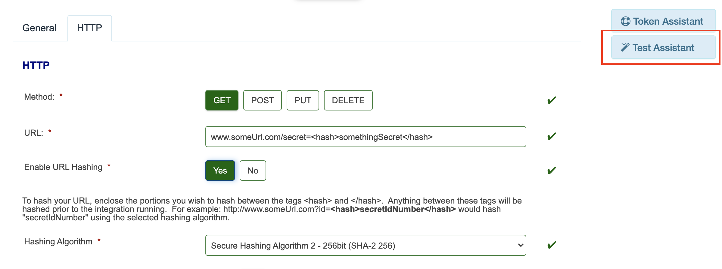 The HTTP tab, with the 'Test Assistant' button highlighted