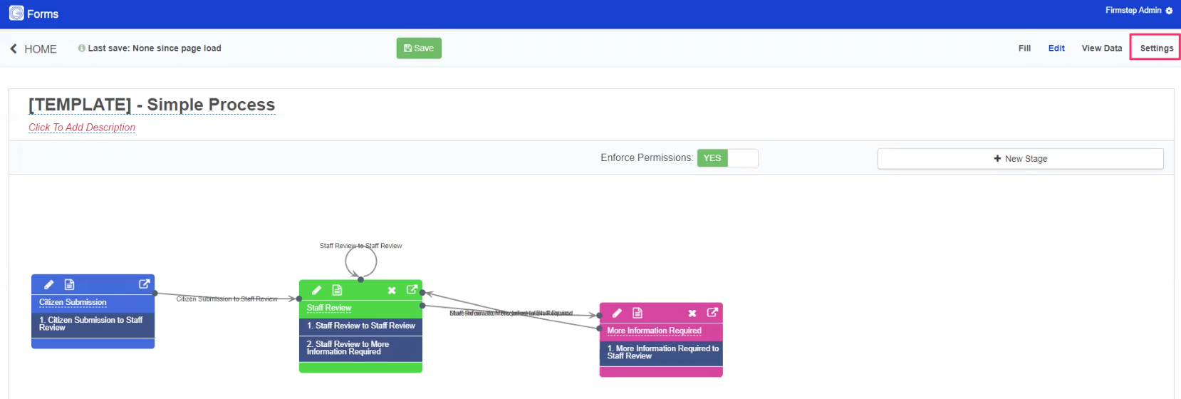 Editing a Process, with a highlight around the 'Settings' button at the top right corner of the page