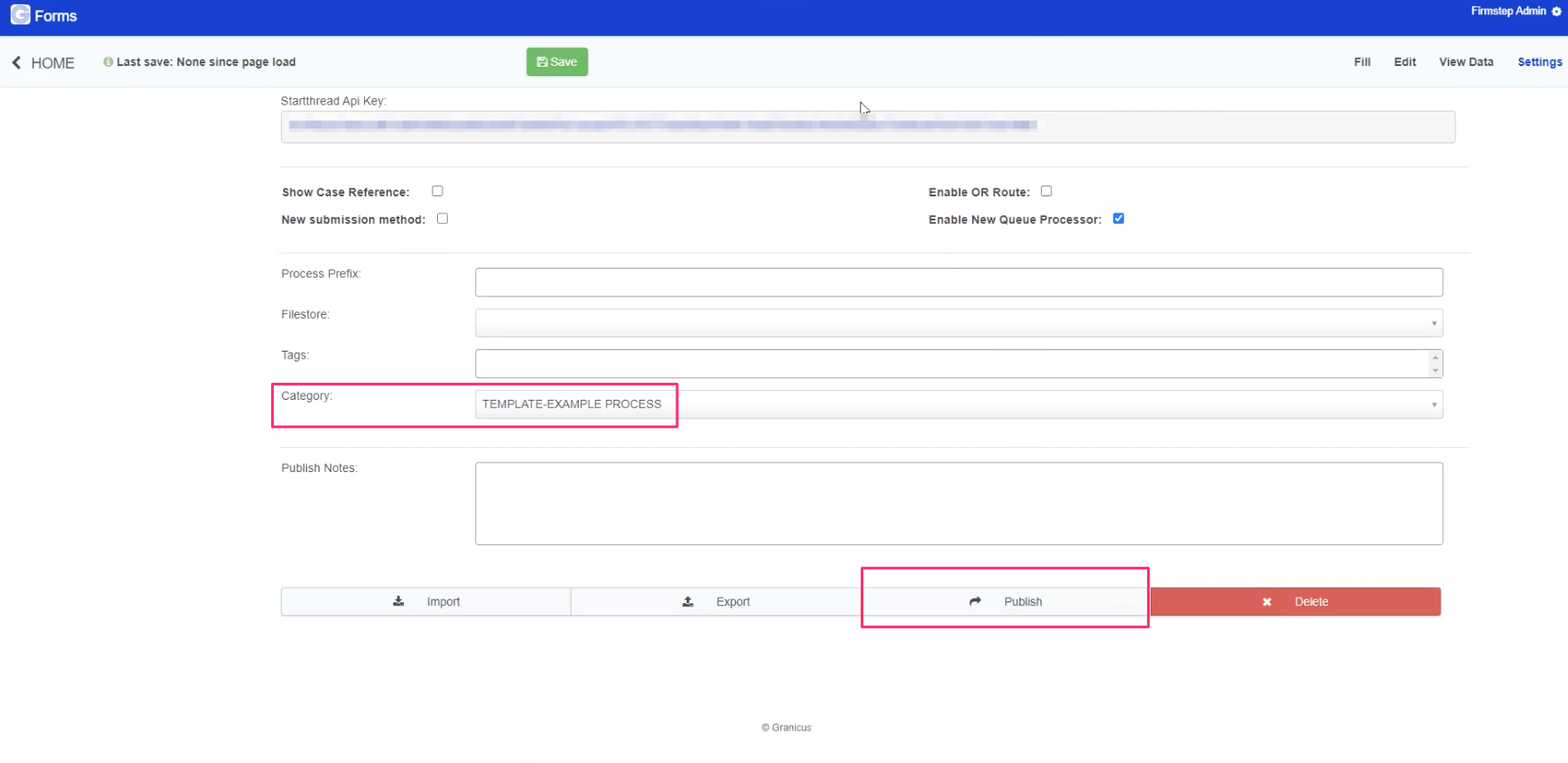 Editing the settings for a Process, with highlights around the Category selector and Publish button
