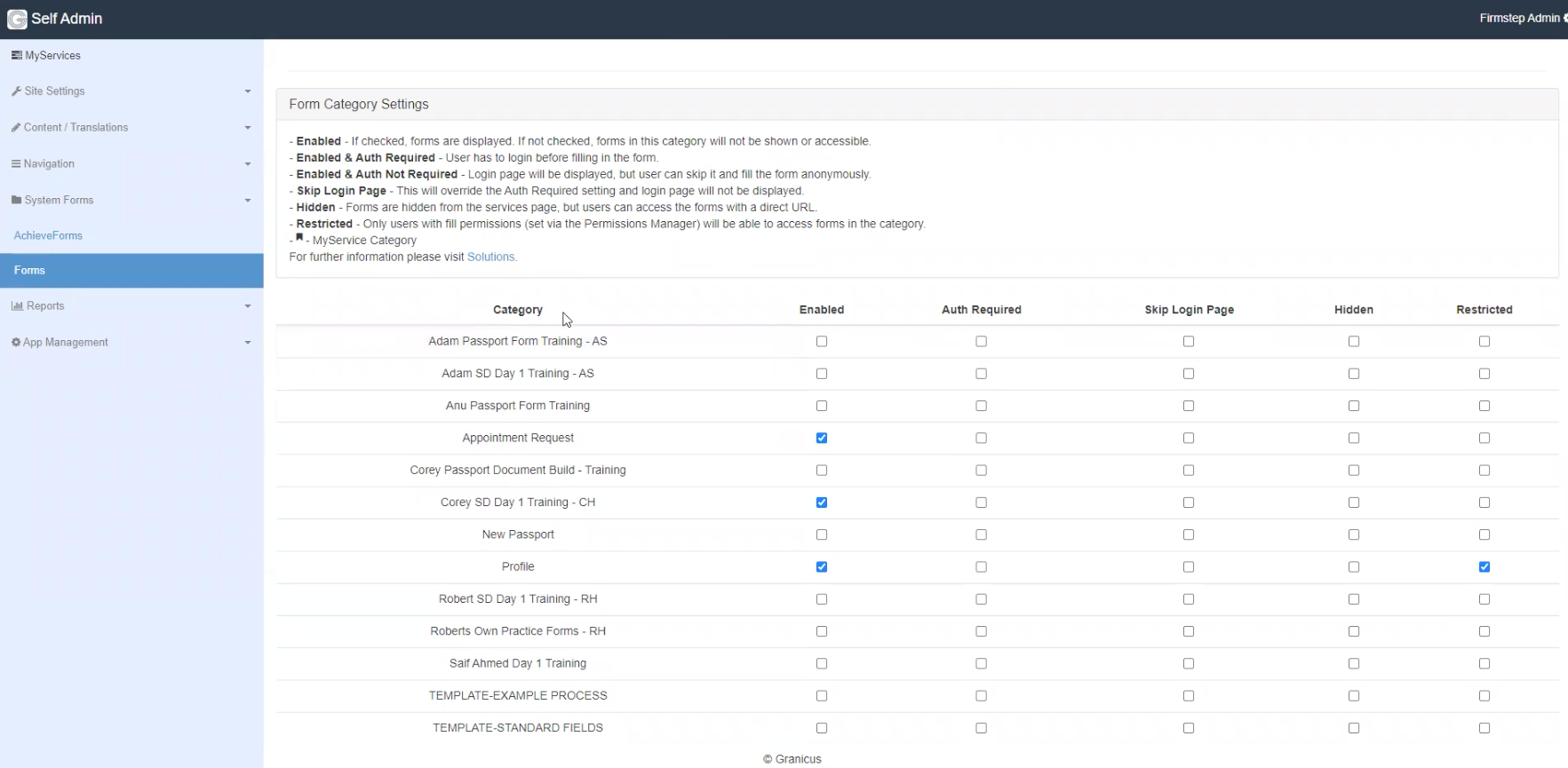 A list of Form Categories and their Settings: Enabled, Auth Required, Skip Login Page, Hidden, and Restricted with checkboxes for each option per Form