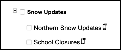 A quick Subscribe Page displaying two topics with a new wireless alerts icon, which lookslike a cell ohone with a notification icon on the upper right corner