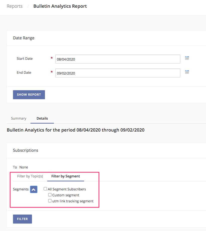 Viewing the Bulletin Analytics Report for a period one month, with the 'Details' tab open and a highlight around the 'Filter by Segment' option