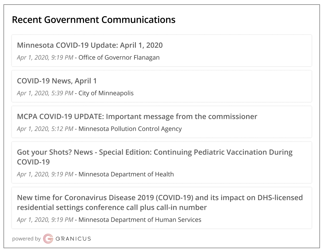 govNews Feed featuring recent government communications related to COVID-19 in the Minneapolis area