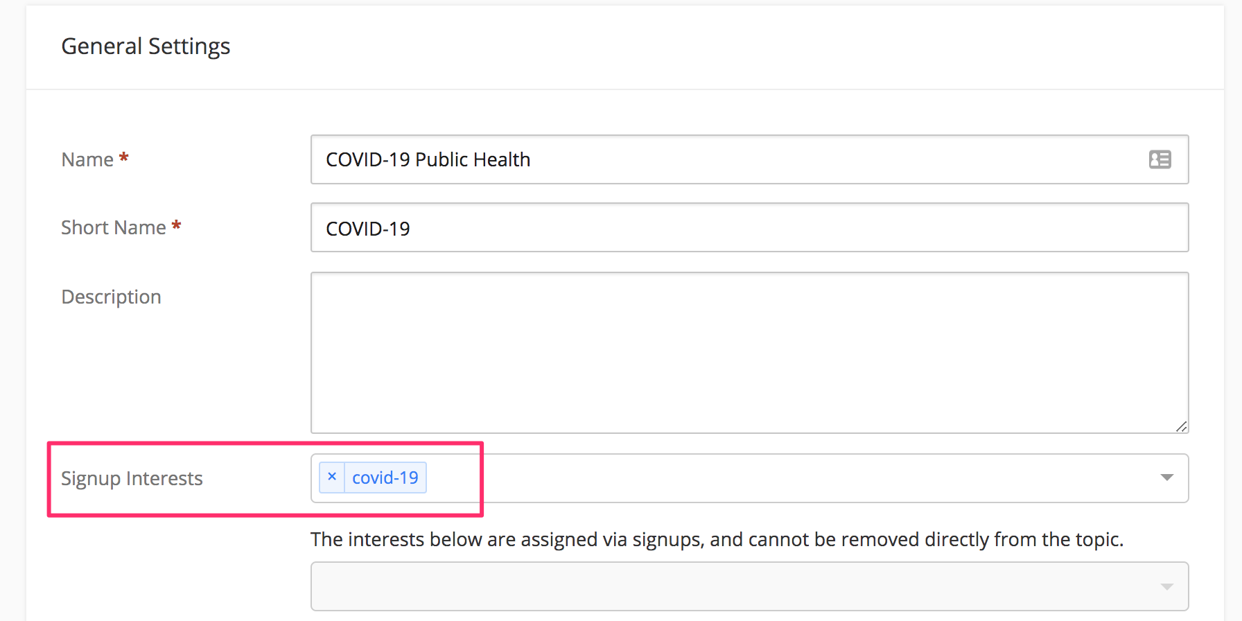 The General Settings page of a topic, with the covid-19 interest tagged and highlighted