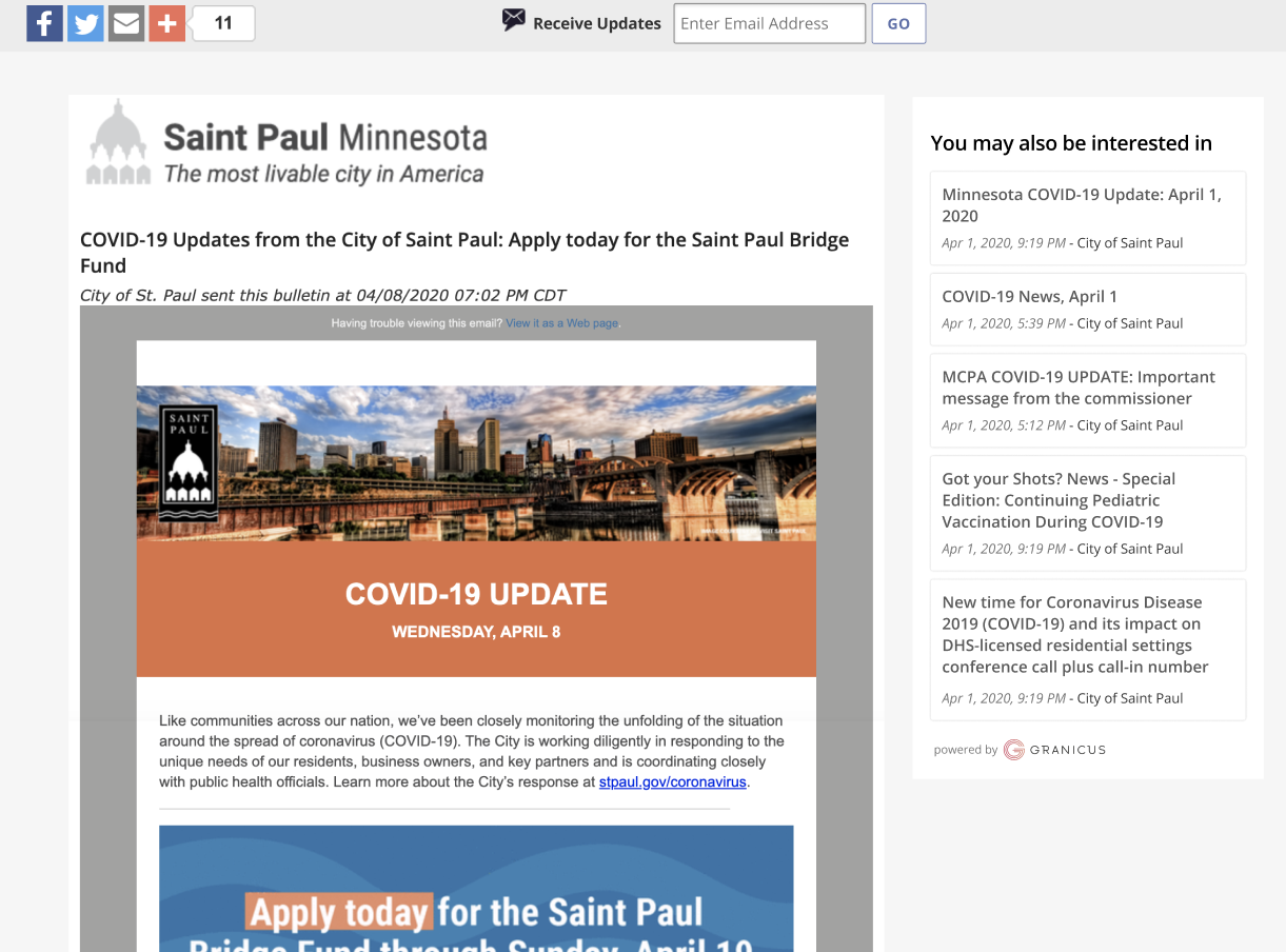 The relevant bulletins sidebar shown on the Shared Bulletin page of a message from the City of St. Paul