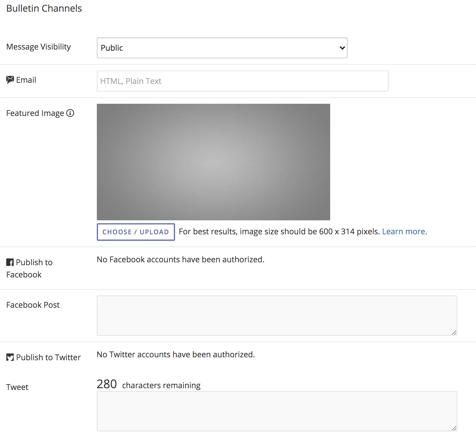 Selecting your bulletin channels, with the new option to add a featured image for posting bulletin content on Facebook or Twitter