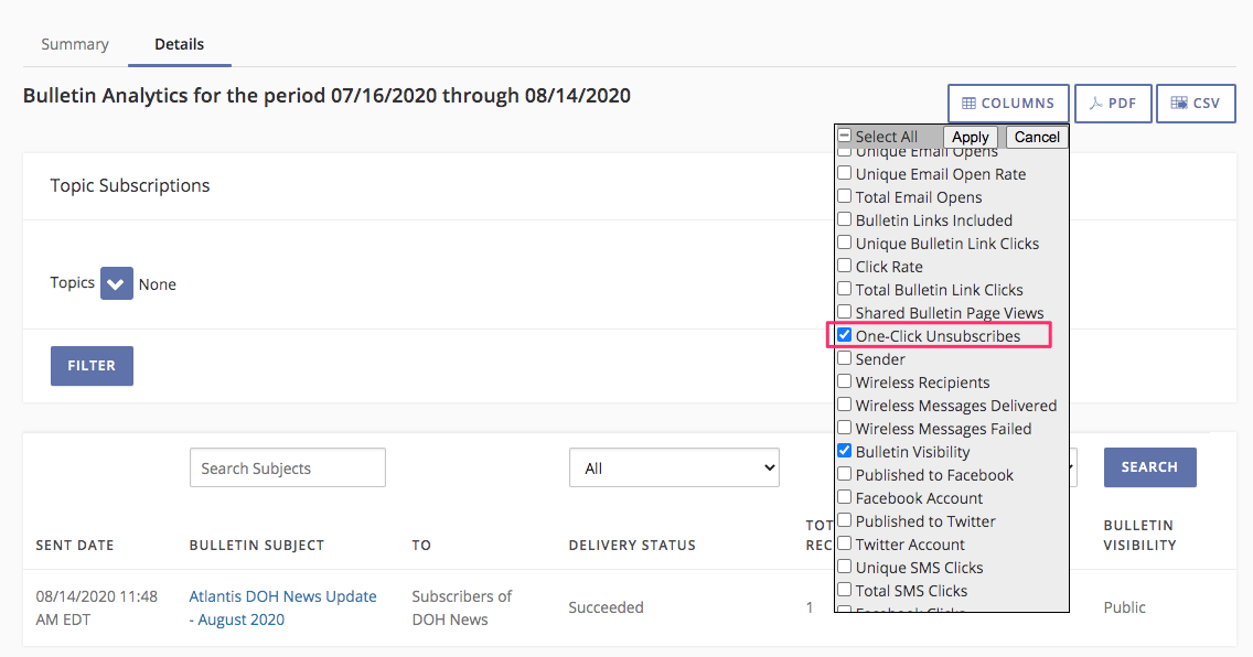 Selecting columns for the Bulletin Analytics Report, with the "One-Click Unsubscribes" option checked and highlighted