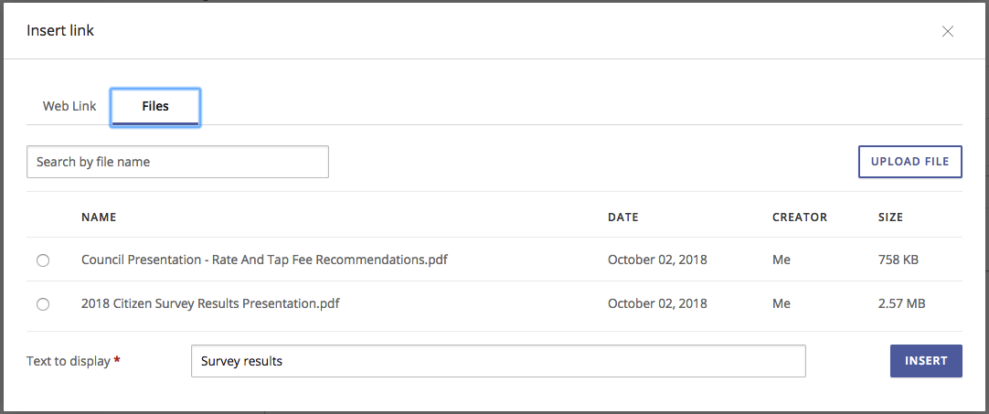 Insert link window with files tab selected