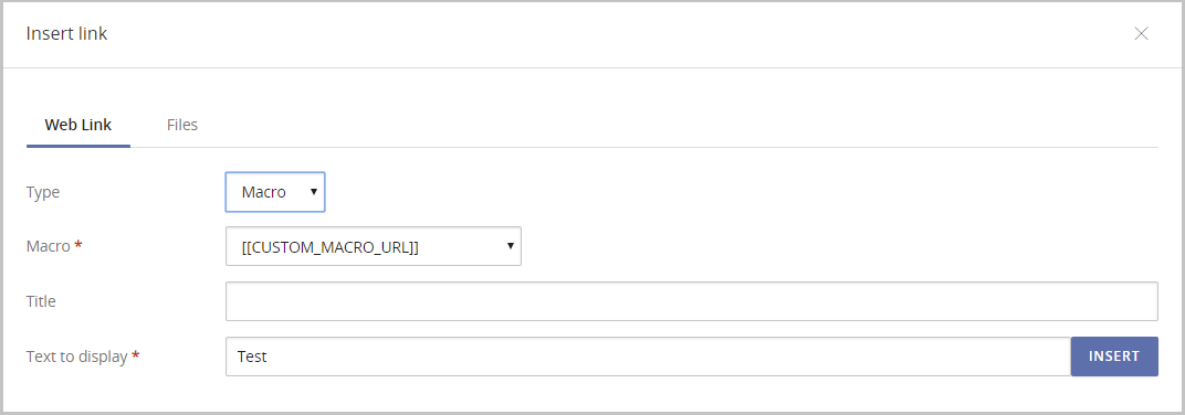 Insert link modal view when macro is selected as the URL type