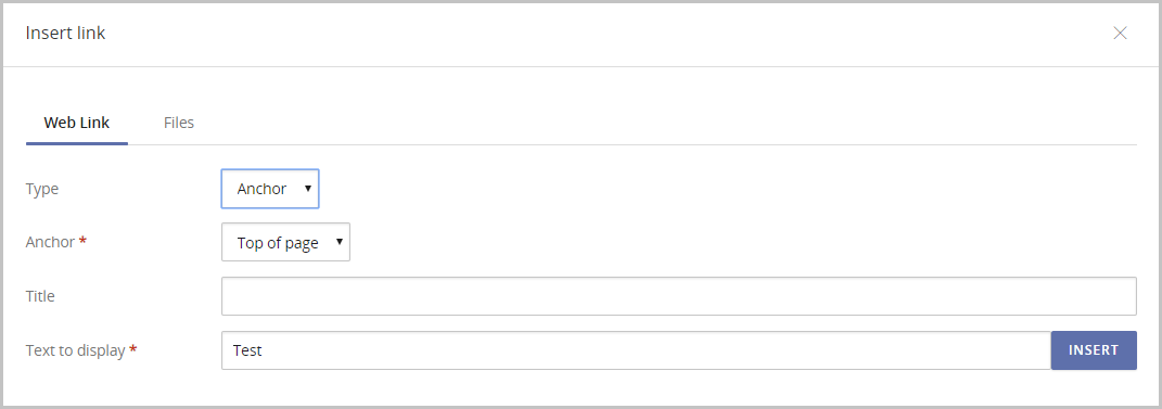 Insert link modal view when anchor is selected as URL type