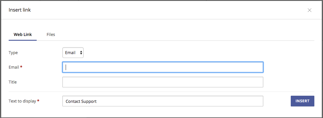 Insert link window with option to select email from link type dropdown menu