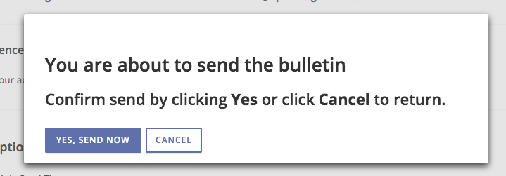 Popup confirming that you are about to send a bulletin