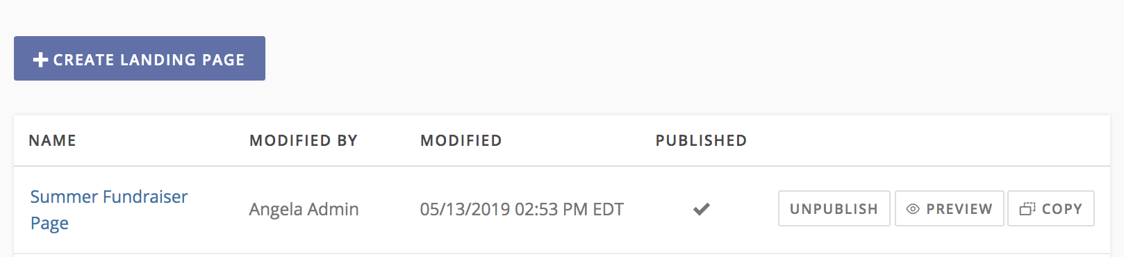 An example landing page in the list of landing pages, with a new "Copy" button to the right of the "Unpublish" and "Preview" buttons