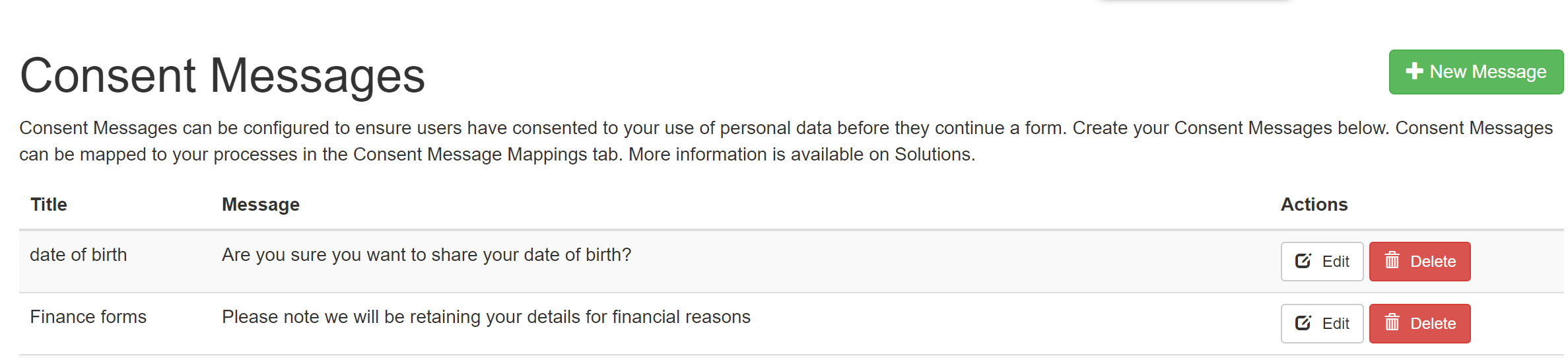 List of consent messages