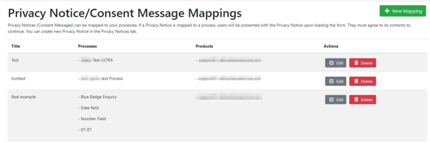 Privacy Notice/Consent Message Mappings