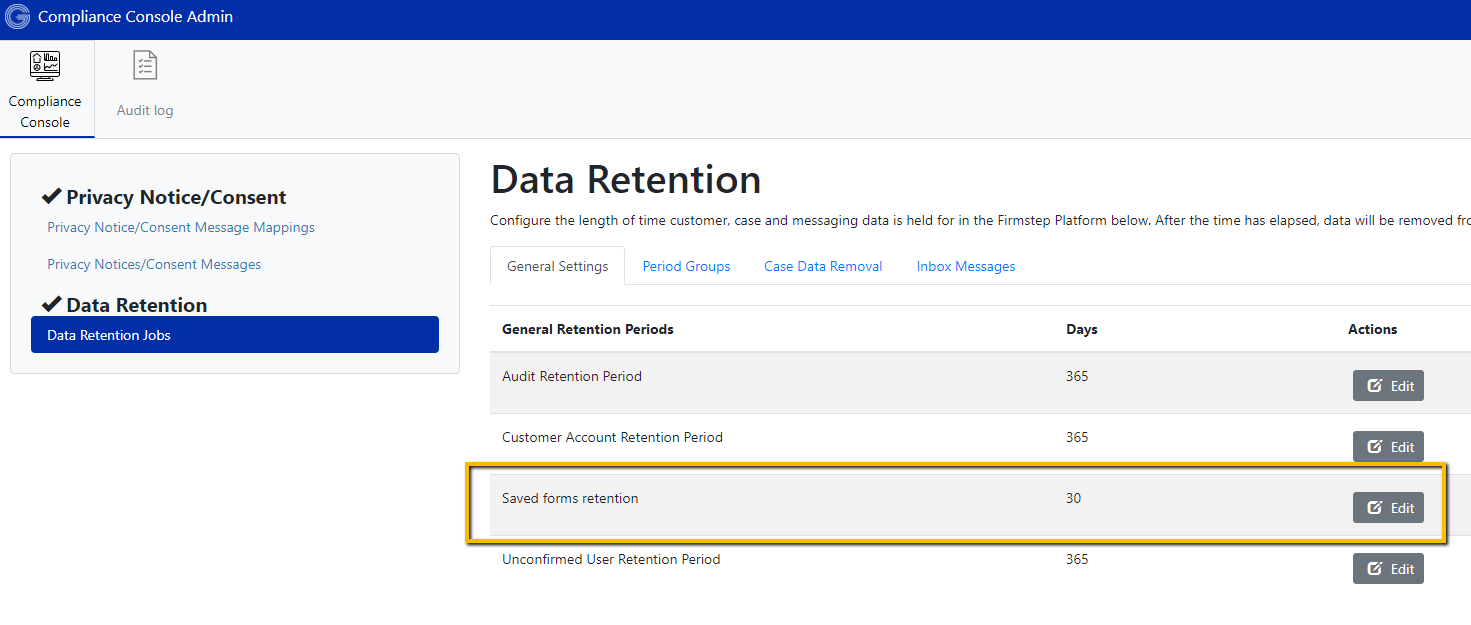 Data Retention options, with "Saved forms retention" highlighted, with the number of days set to 30.