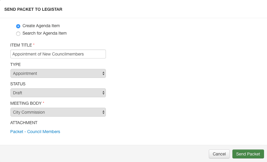 Send Packet to Legistar modal
