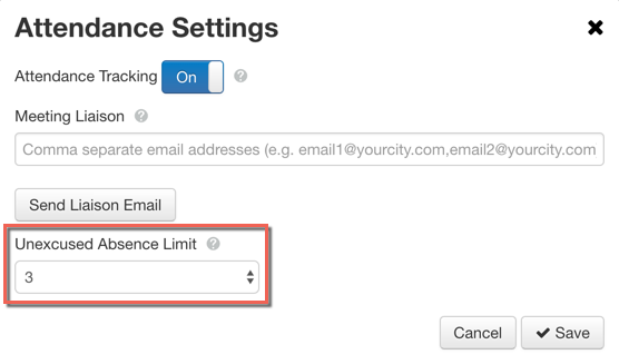 Unexcused Absence Limit drop-down menu