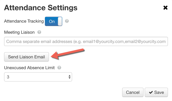 Send Liaison Email button in Attendance Settings