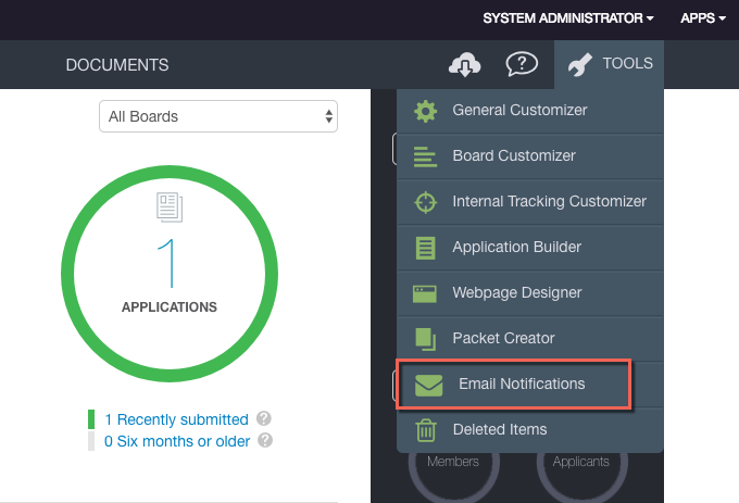 Email notifications option on the Tools menu