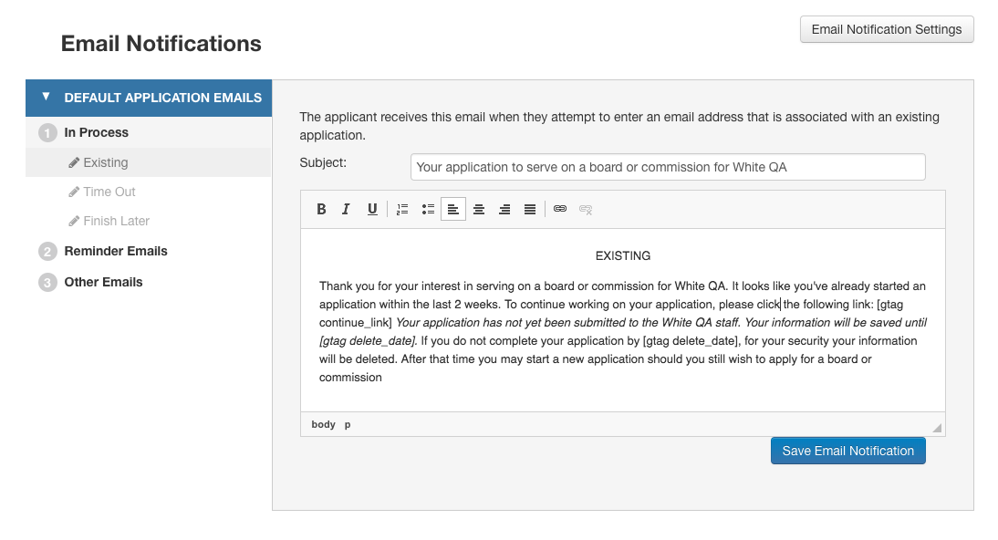 Email Notifications page