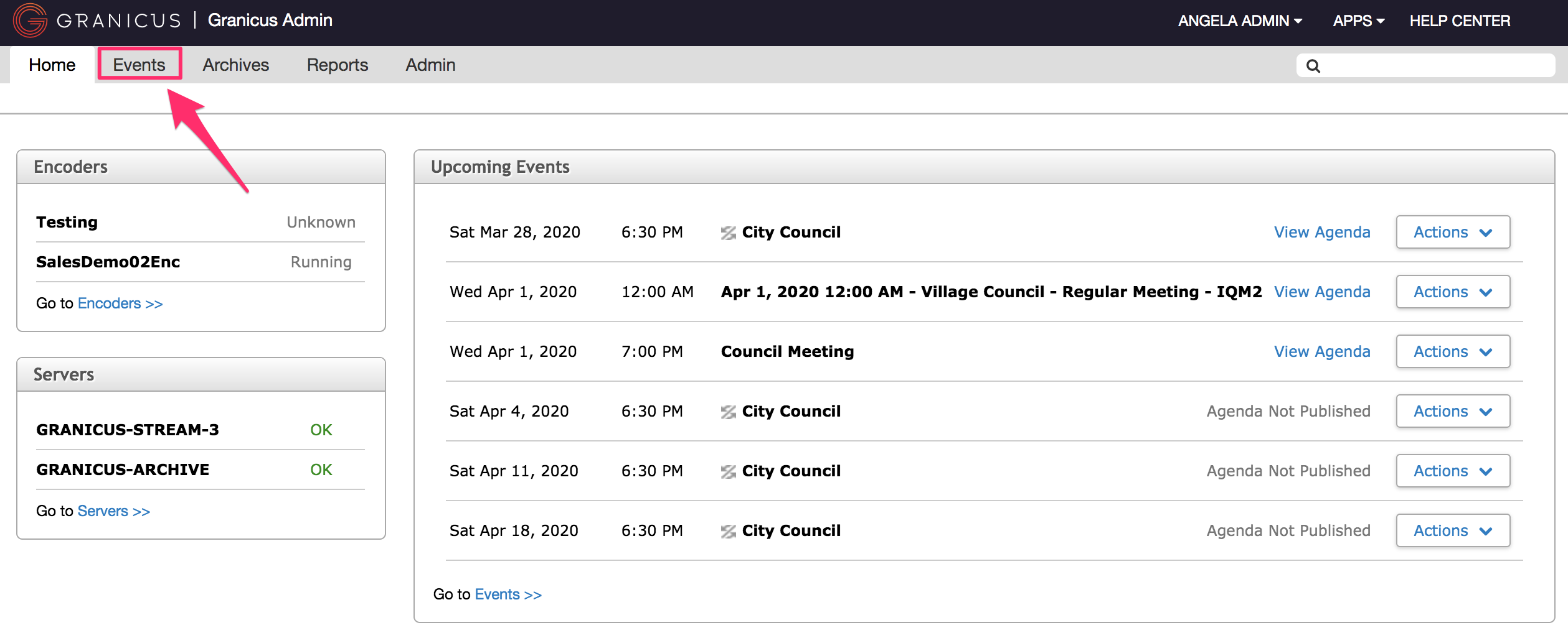 The main MediaManager window, with the Events tab highlighted