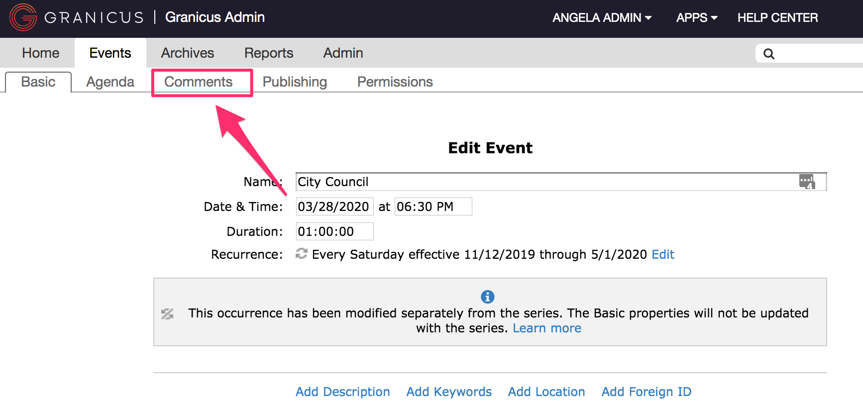 Editing an event, with the 'Comments' sub-tab highlighted