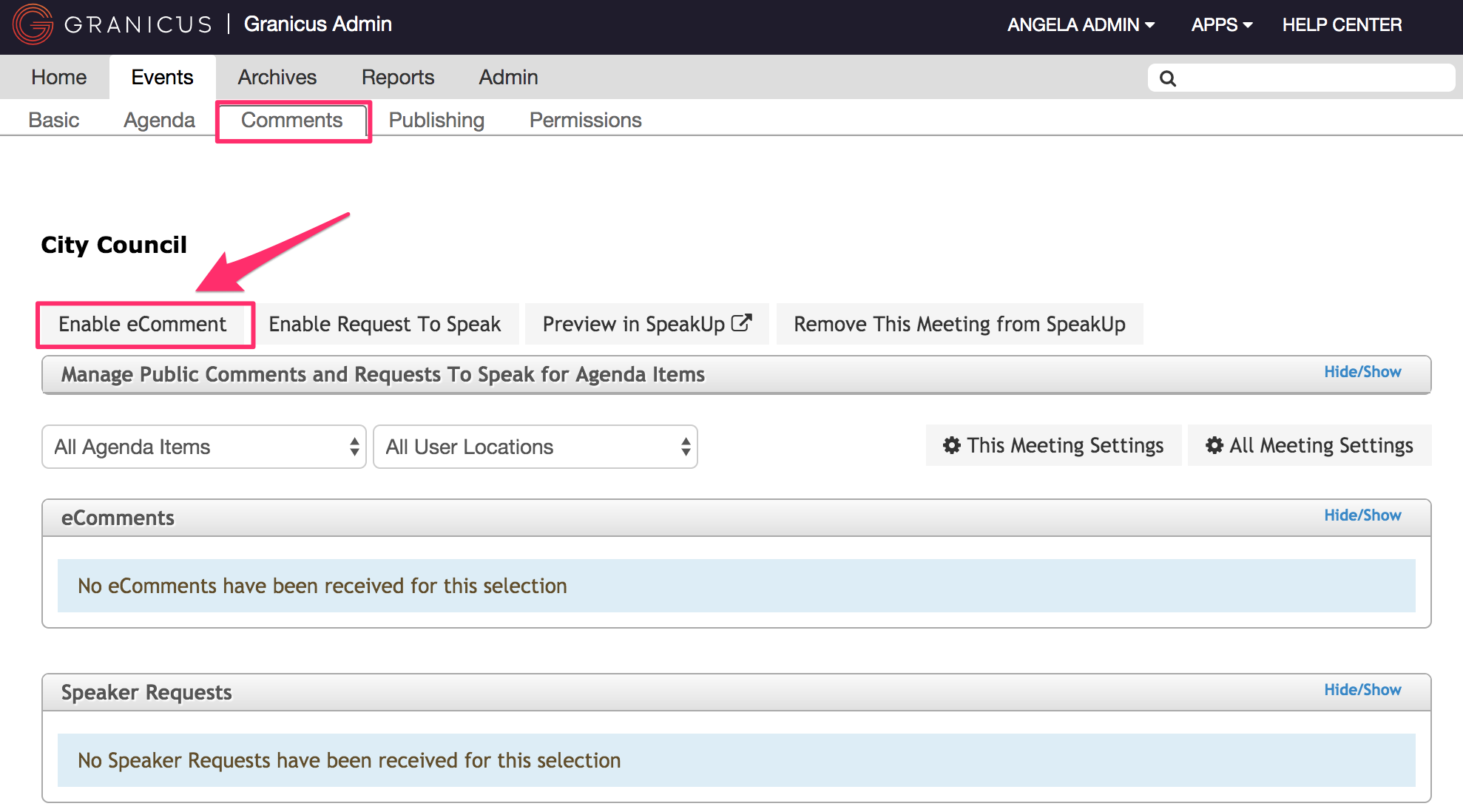 The 'Comments' sub-tab, with the 'Enable eComments' button highlighted