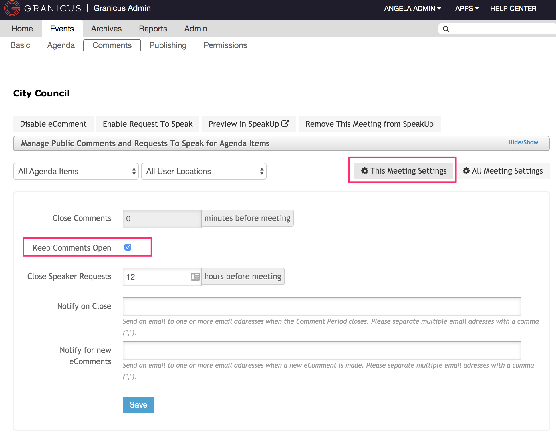 The Comments tab, with 'This Meeting Settings' and 'Keep Comments Open' highlighted