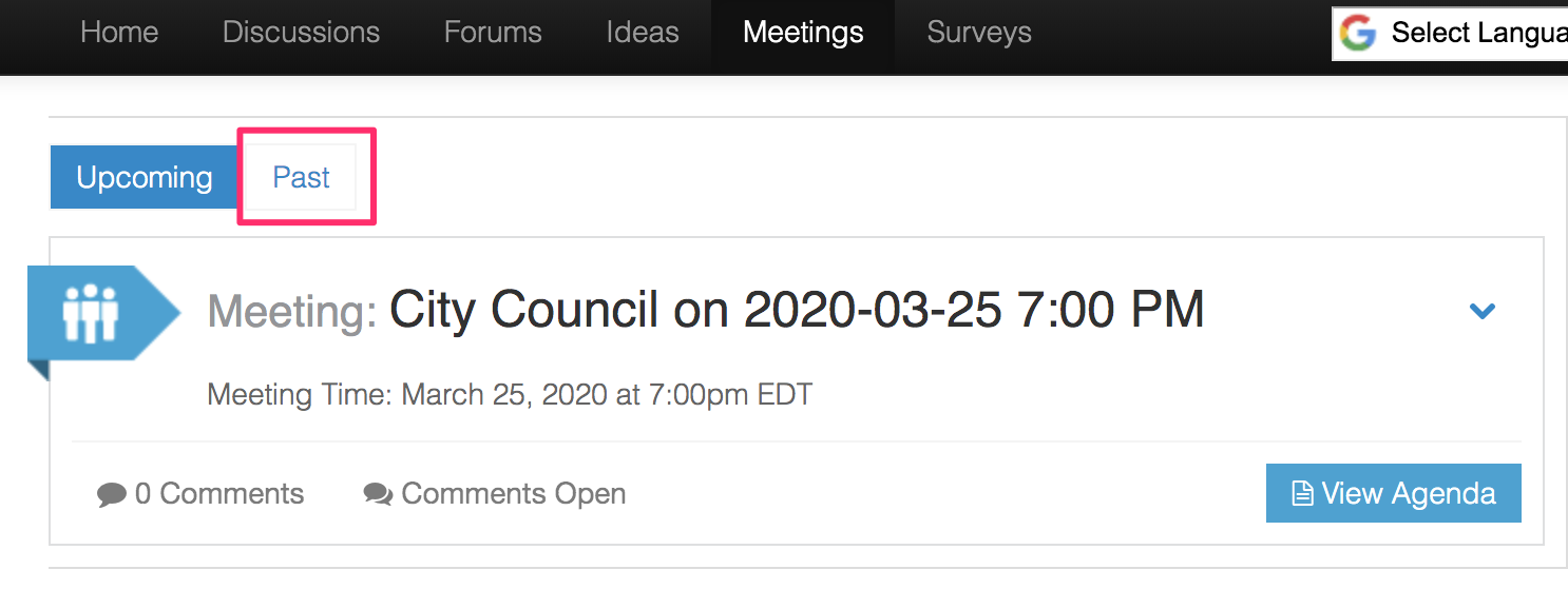 List of meetings in SpeakUp, with the 'Past' tab highlighted