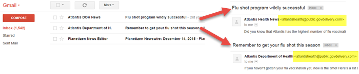 Section of the ‘Gmail’ screen highlighting the display names for the same From Address.
