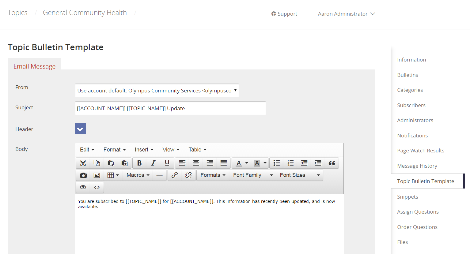 Topic Bulletin Template screen