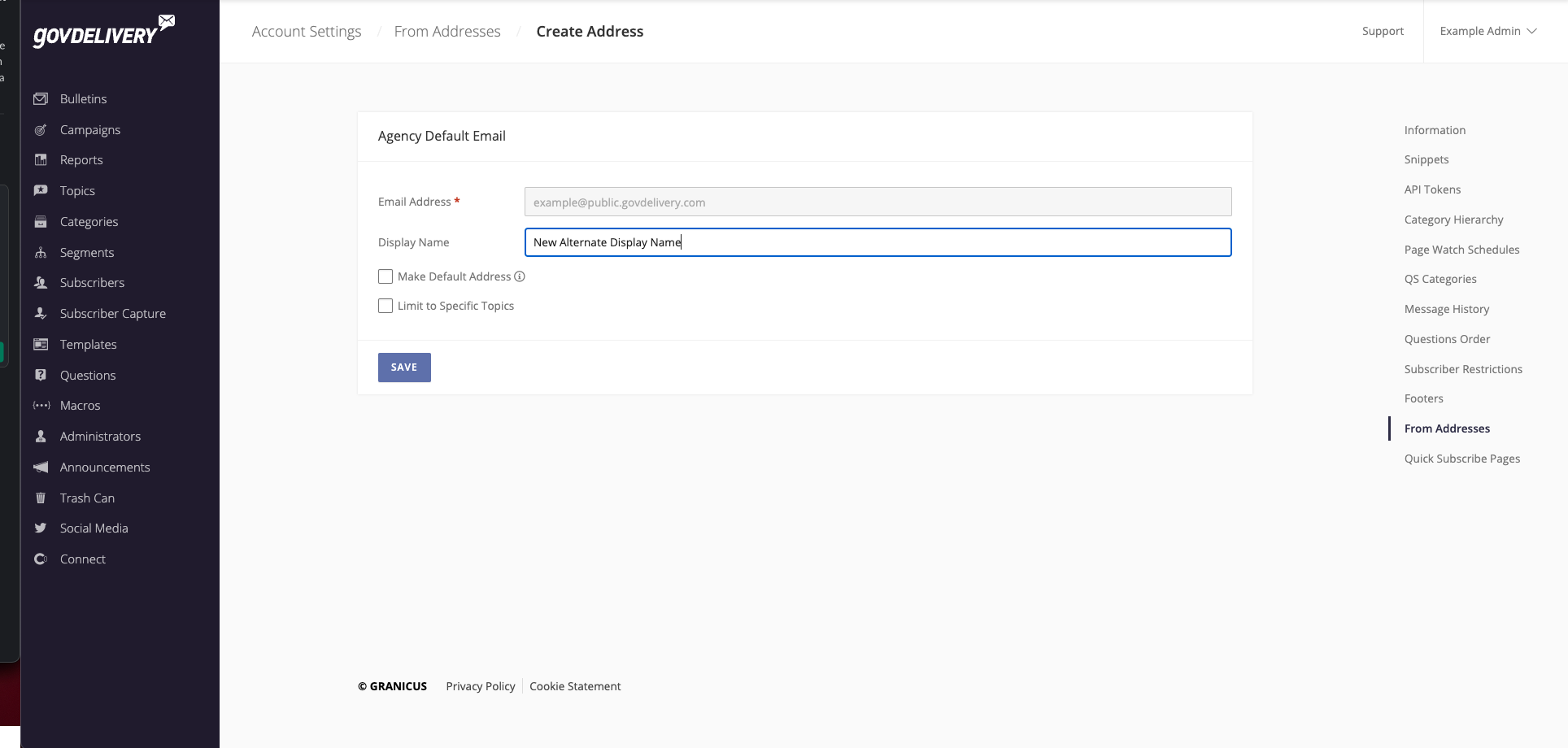‘Create Addresses’ tab on the ‘govDelivery’ screen.