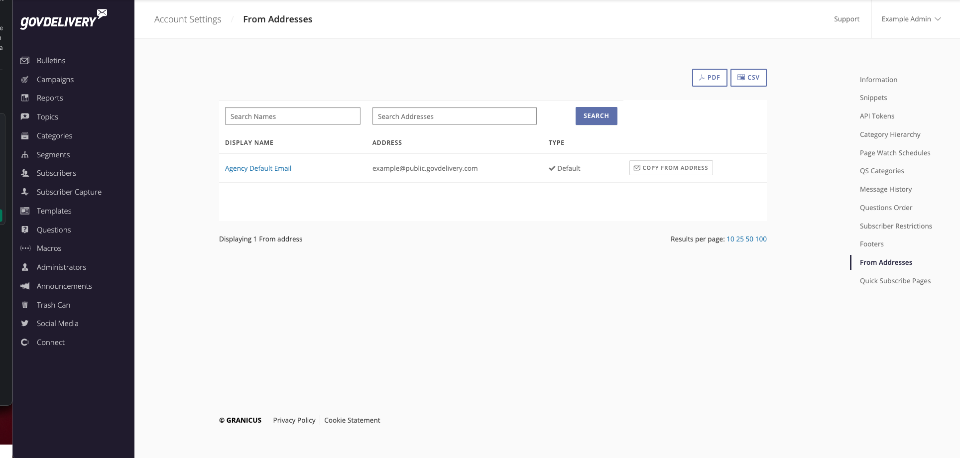 ‘From Addresses’ tab on the ‘govDelivery’ screen.