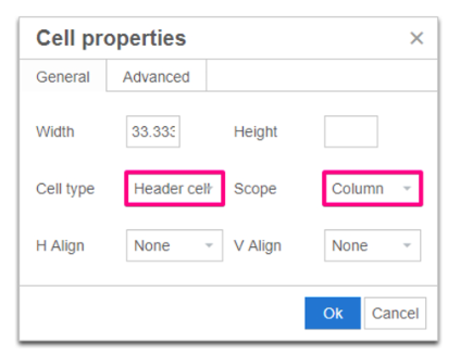 Cell properties screen exemplifying the cell type set up.