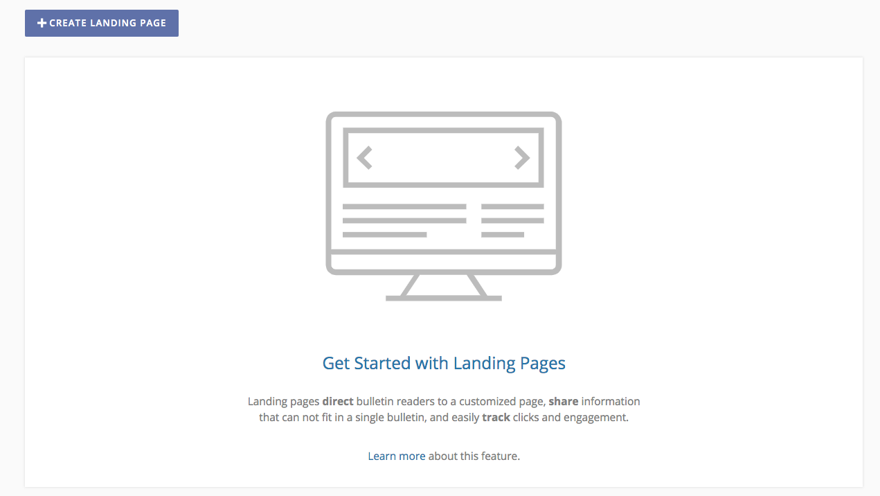 Landing Pages screen before any landing pages have been created