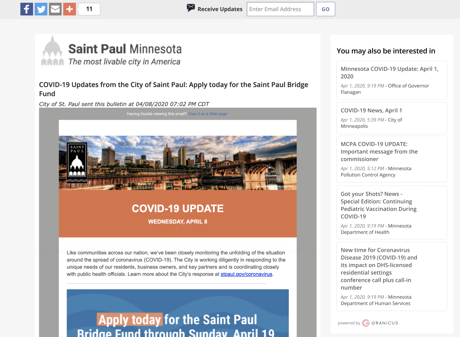 The shared bulletin page for the city of Saint Paul, MN featuring a feed of relevant bulletins from other sources on the right side of the page