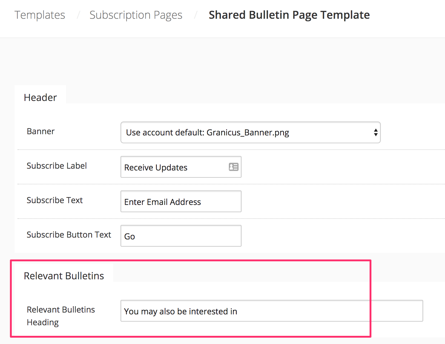 Editing the heading for Relevant Bulletins on the Shared Bulletin Page Template