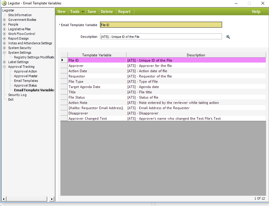 Legistar File ID's with Template Variables and Descriptions