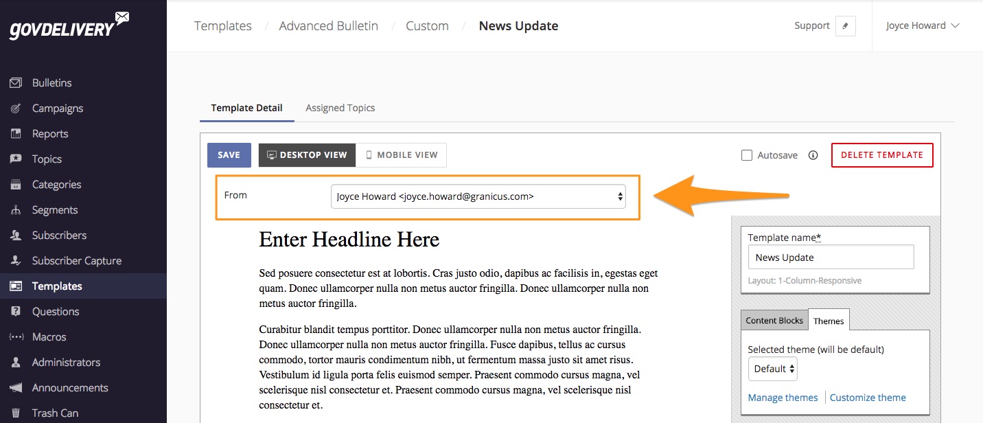 Define From Address in Advanced Bulletin Template