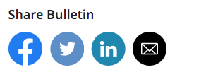 Social Media sharing icons on a shared bulletin page: Facebook, Twitter, LinkedIn, and email