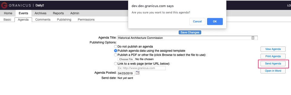 Pop-up dialog box asking you to confirm sending your agenda