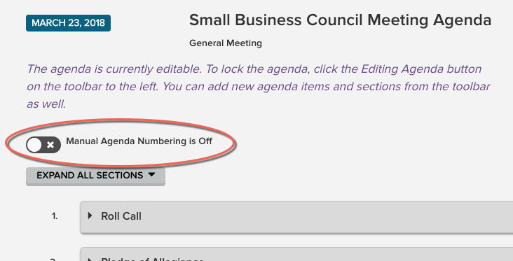 manual agenda numbering toggle